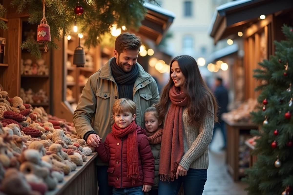 Famille découvrant des produits artisanaux dans un marché d