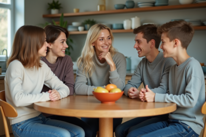 Famille discutant autour d'une table en cuisine lumineuse