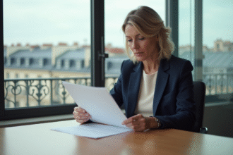 Femme d'affaires étudie des documents immobiliers dans un bureau moderne