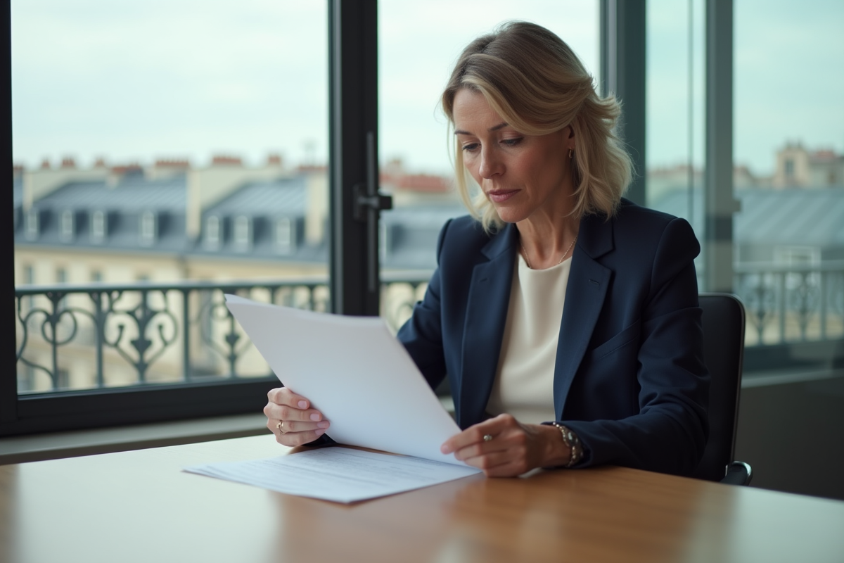 Femme d'affaires étudie des documents immobiliers dans un bureau moderne