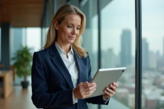 Femme d'affaires en costume bleu analysant des graphiques sur une tablette