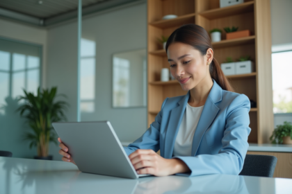 Jeune femme d'affaires examine des données sur une tablette
