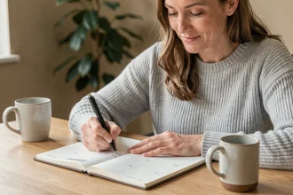Femme consultant un agenda papier avec les numéros de semaines 2026 écrits à la main
