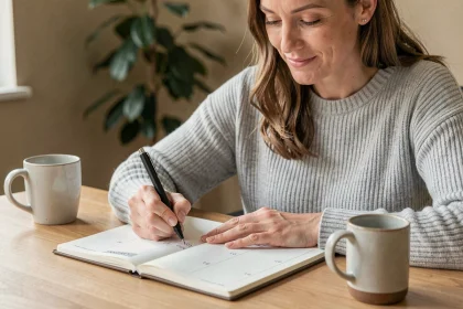 Femme consultant un agenda papier avec les numéros de semaines 2026 écrits à la main