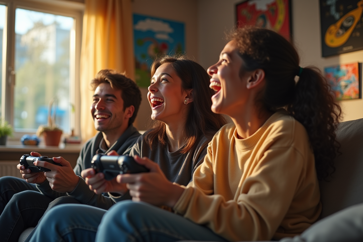 Femme riant avec ses amis en jouant à un jeu vidéo