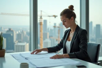 Femme d'affaires regardant des plans dans un bureau moderne