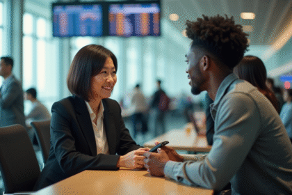 Femme asiatique en business avec traducteur à l'aéroport