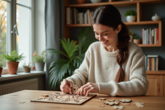 Jeune femme assemble un puzzle en bois dans une cuisine chaleureuse