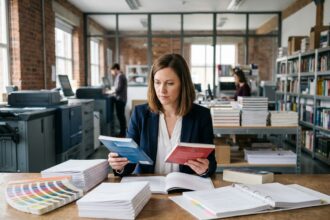 Femme en blazer bleu compare deux couvertures de livres dans un atelier d'impression