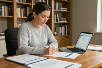 Femme révisant une attestation d'hébergement PDF imprimée à son bureau à domicile