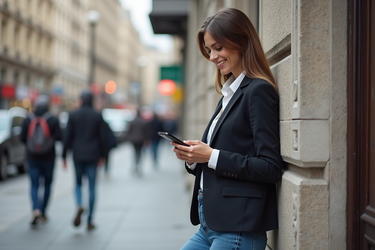 Jeune femme utilisant une application bancaire devant une banque urbaine