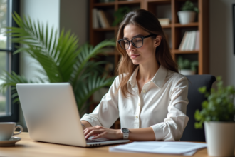 Femme concentrée travaillant sur un ordinateur dans un bureau moderne