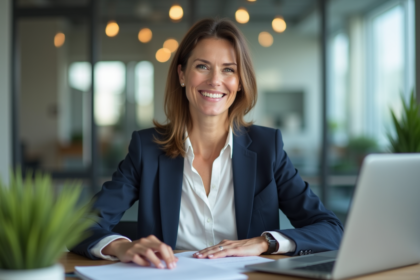 Femme souriante au bureau avec papiers et ordinateur
