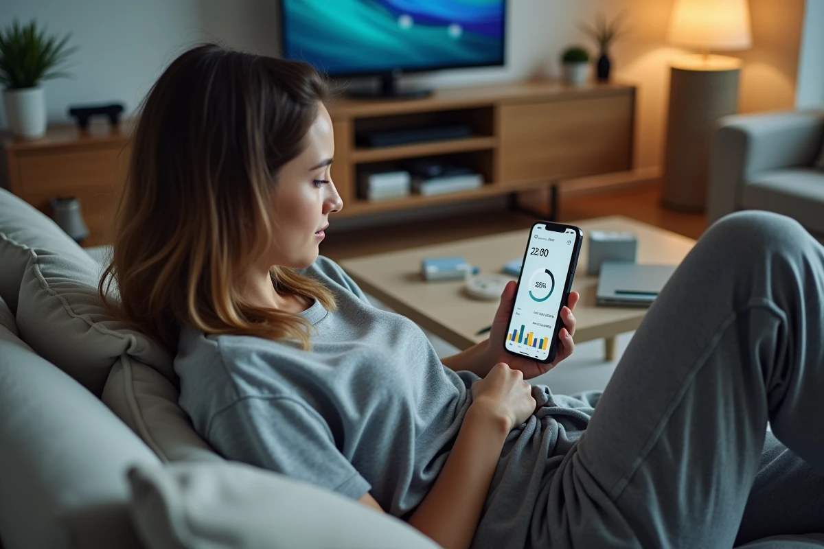 Jeune femme consulte son temps de jeu total sur une application mobile de suivi de statistiques gaming