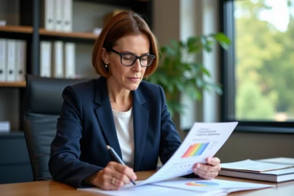 Femme d'âge moyen en blazer bleu dans un bureau moderne