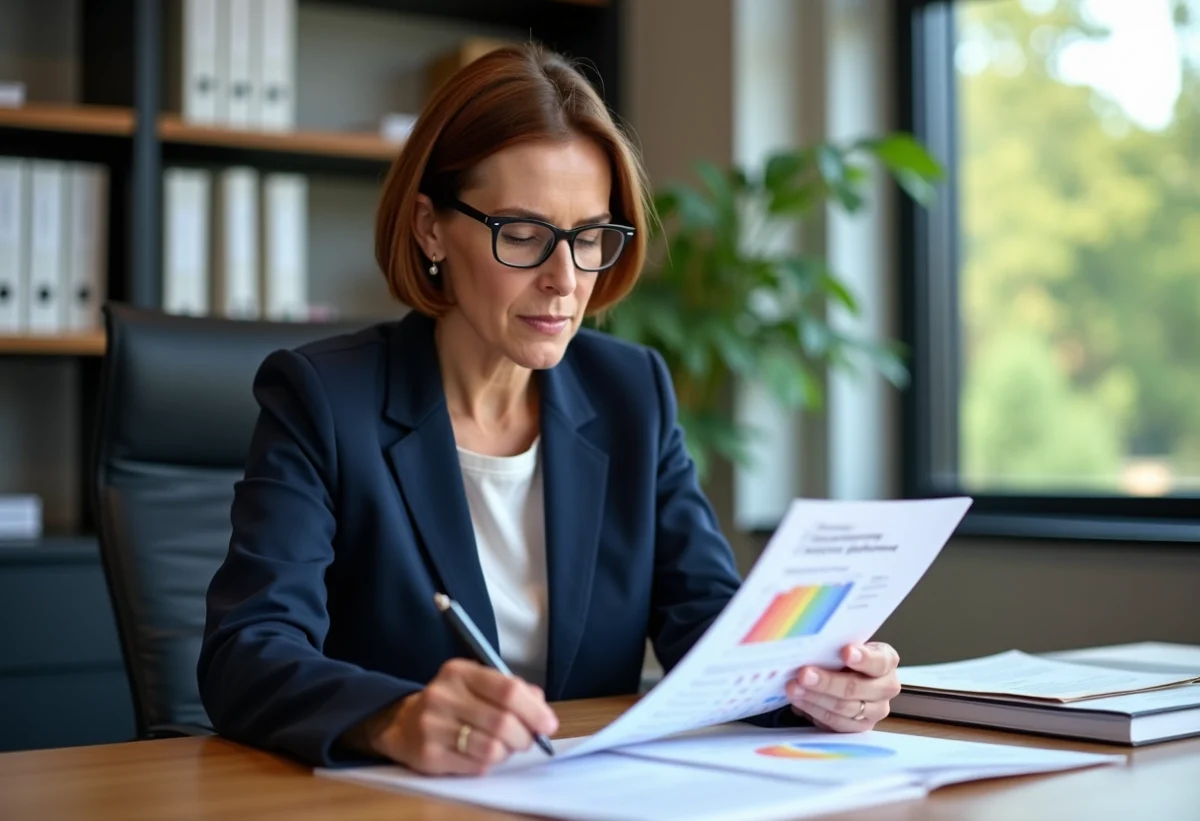 Femme d'âge moyen en blazer bleu dans un bureau moderne