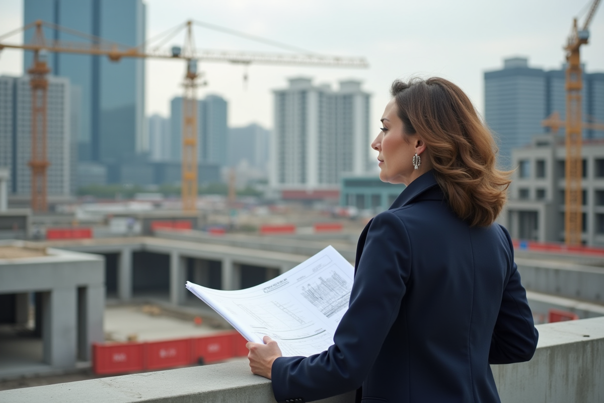 Femme observant un chantier de construction en ville