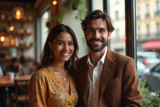 Femme souriante française marocaine dans un café parisien lumineux