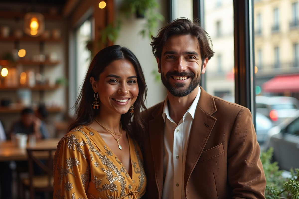 Femme souriante française marocaine dans un café parisien lumineux