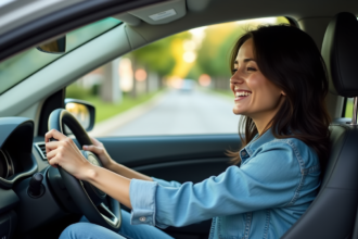 Femme souriante au volant d'une voiture moderne sur route urbaine