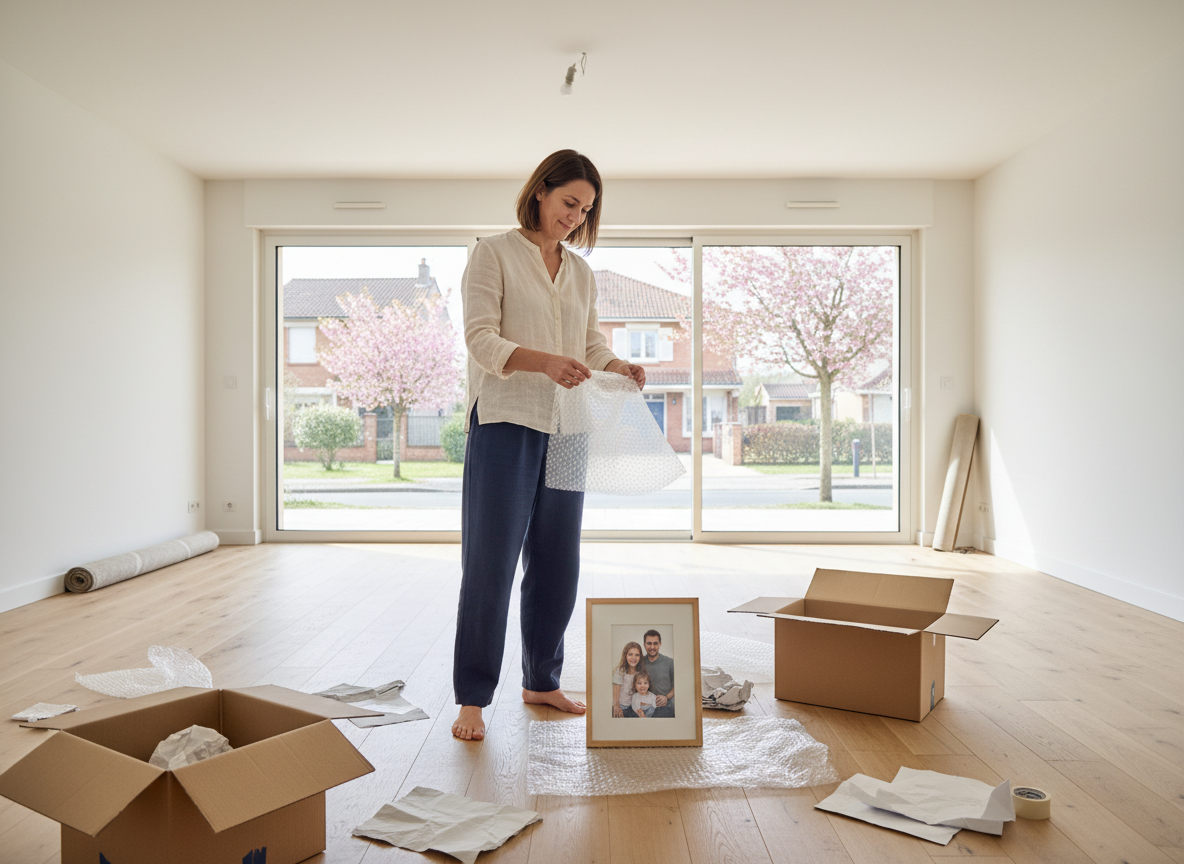 Femme déballant une photo de famille dans un salon toulousain