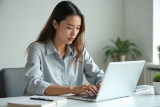 Femme débutante découvrant Epsilon Scan sur son ordinateur portable dans un bureau à domicile minimaliste