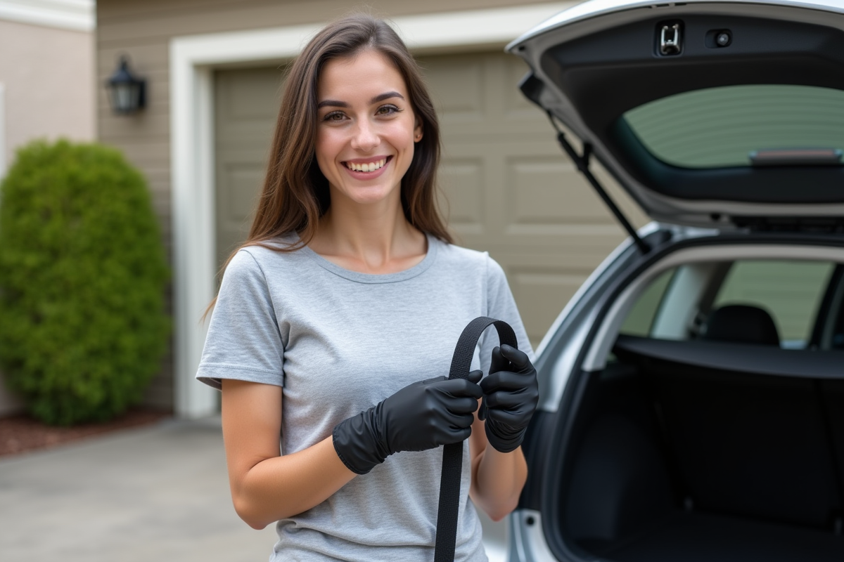 Jeune femme vérifiant une courroie de voiture dans un extérieur