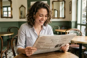 Femme française riant en lisant une expression drôle dans un journal au café parisien