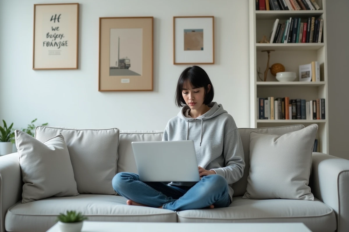 Femme naviguant sur une plateforme de discussion francophone depuis son appartement parisien, illustrant une utilisation sécurisée des alternatives à Coco.gg