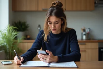 Femme dans une cuisine moderne regarde son smartphone