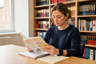 Femme consultant un livre de grammaire française pour comprendre l'usage de l'expression 'au sein de'