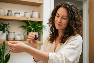 Femme aux cheveux bouclés appliquant de l'huile naturelle sur son bras