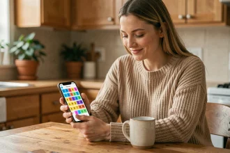 Femme jouant à un jeu de mots 4 images 1 mot sur smartphone à la table de cuisine