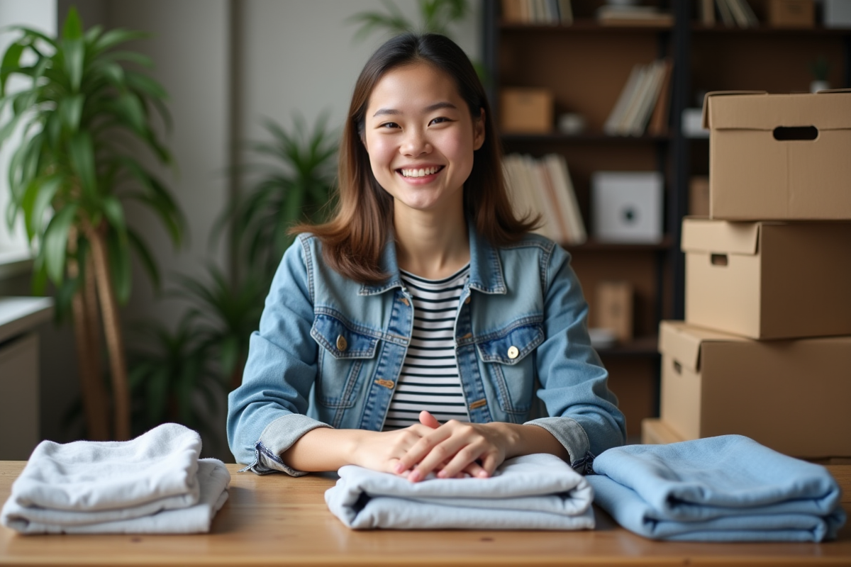 Jeune femme plie des vêtements dans un intérieur cosy