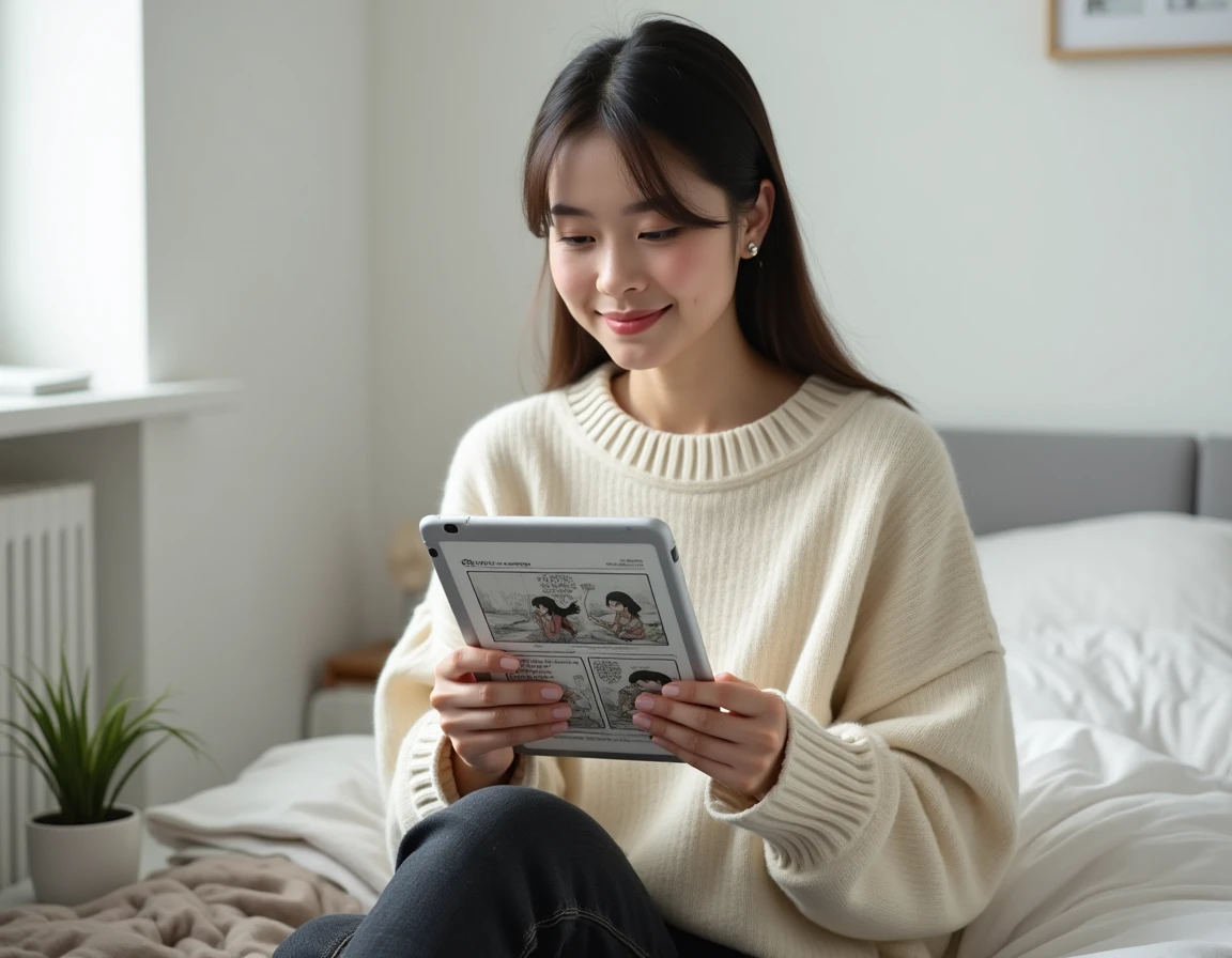Jeune femme parcourant un site de lecture de manga sur tablette dans une chambre moderne et minimaliste