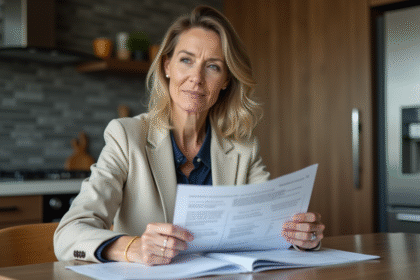 Femme d'âge moyen lisant des documents de prêt immobilier