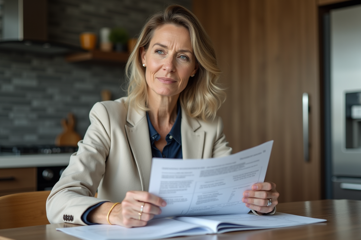 Femme d'âge moyen lisant des documents de prêt immobilier