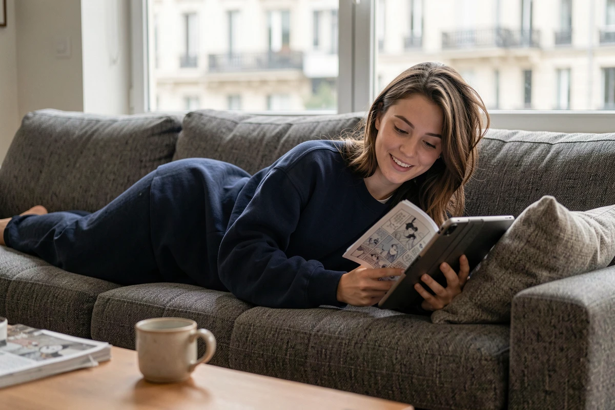Jeune femme consultant un site de scans manga VF sur tablette allongée dans un salon moderne