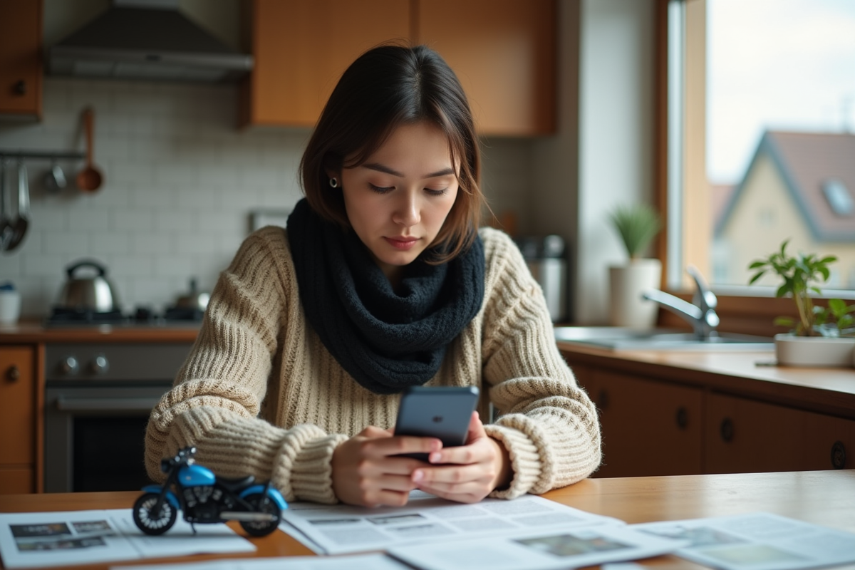 Femme réfléchie vérifiant son smartphone à la cuisine