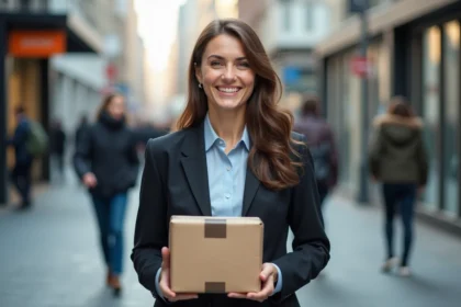 Femme souriante avec colis dans un point de retrait urbain
