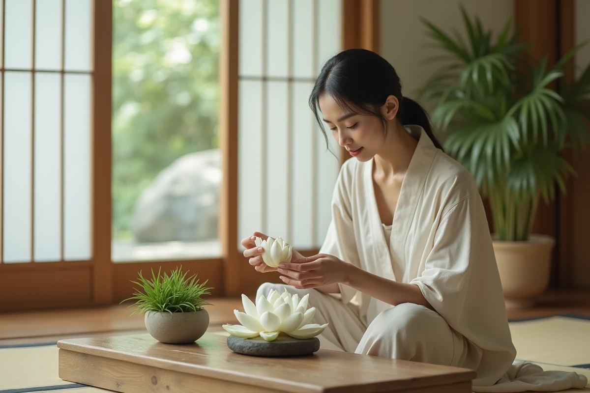 Femme arrangeant une fleur de lotus blanc sur une table de méditation dans un intérieur zen inspiré du feng shui