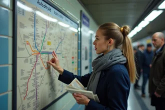 Jeune femme regardant la carte du métro parisien
