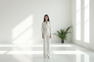 Jeune femme en tenue monochrome dans une pièce lumineuse
