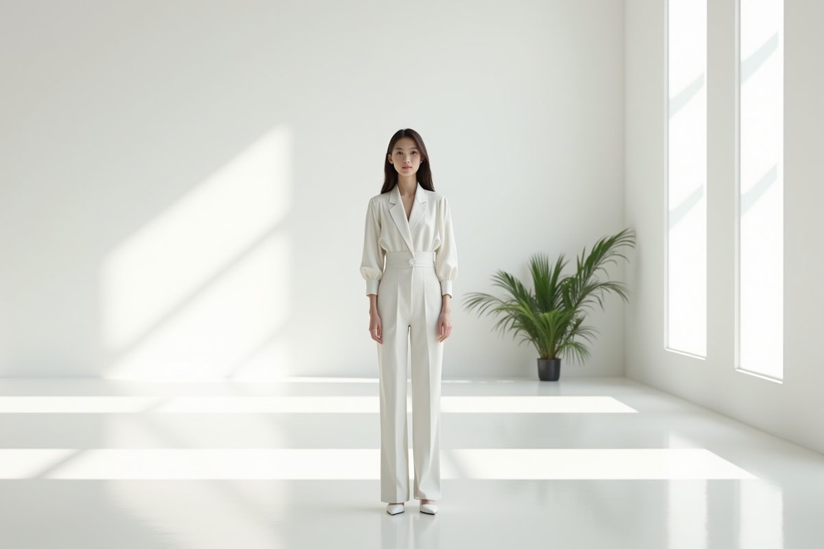 Jeune femme en tenue monochrome dans une pièce lumineuse