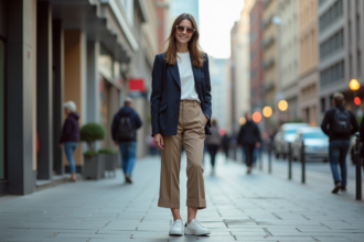Femme élégante en ville avec blazer et pantalons déchirés