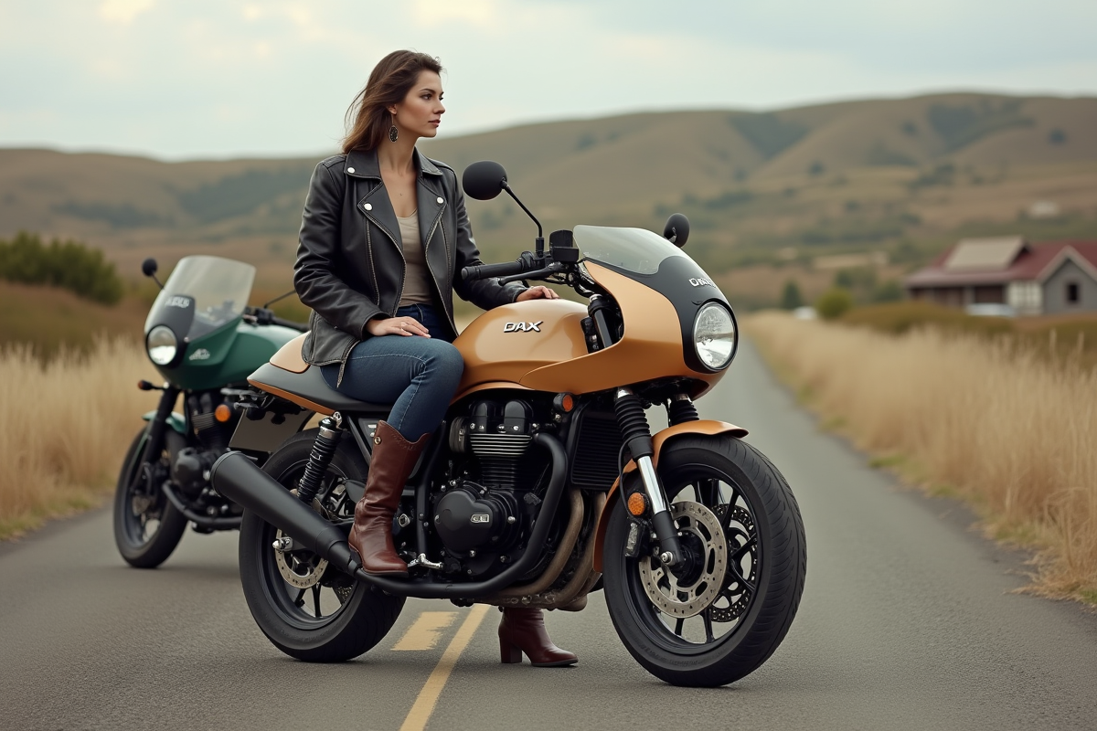 Femme assise sur une moto Dax 125 à la campagne