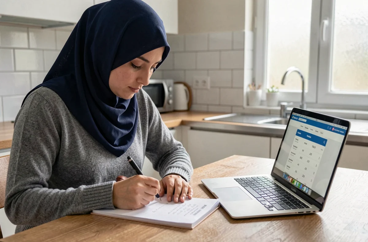 Jeune femme musulmane notant les heures de prière dans un agenda à Tremblay-en-France