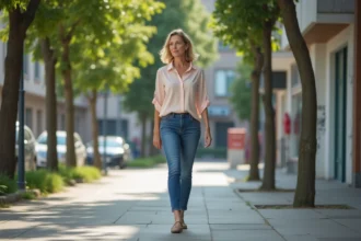 Femme en jeans et blouse pastel dans un quartier accueillant de Mille
