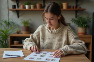 Jeune femme en sweater cherche un mot clé dans la cuisine