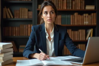 Femme d'origine moyen-orientale analysant des documents de recherche sur la religion et les faits vérifiés dans un bureau moderne
